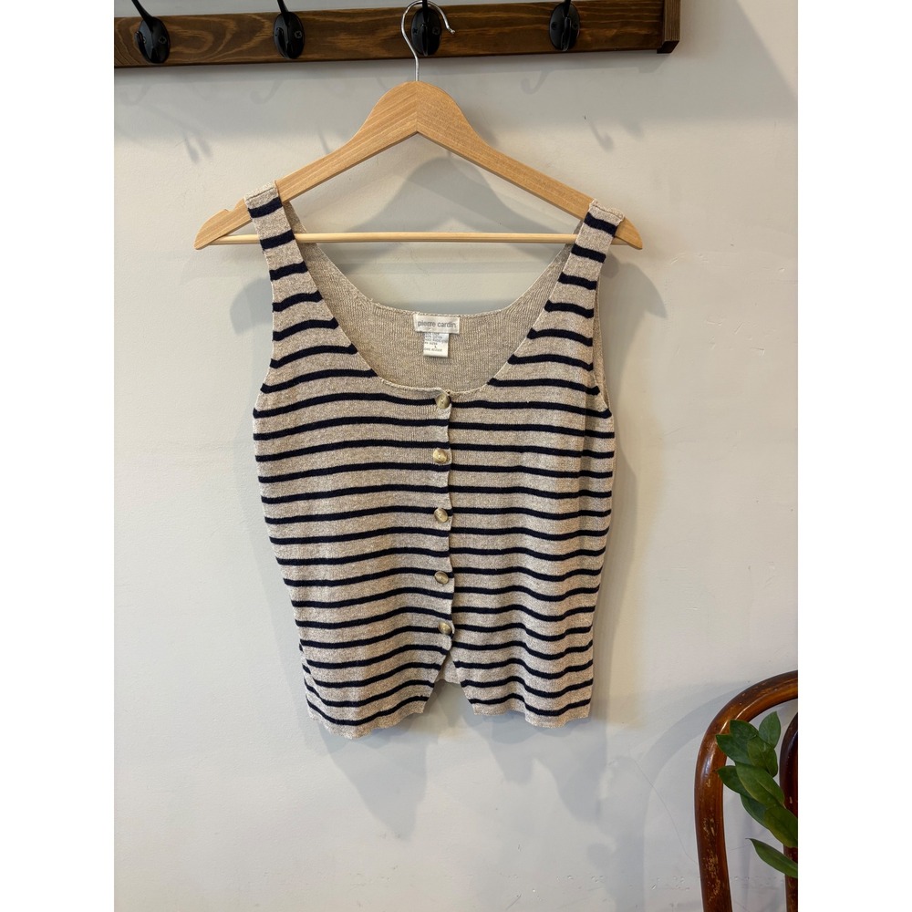 Pierre Cardin Vintage Linen Blend Striped Button Front Knit Tank